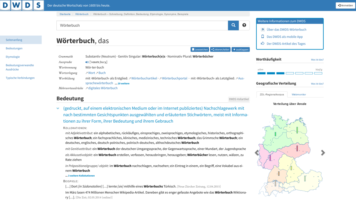 Ausschnitt des DWDS-Artikels „Wörterbuch“
