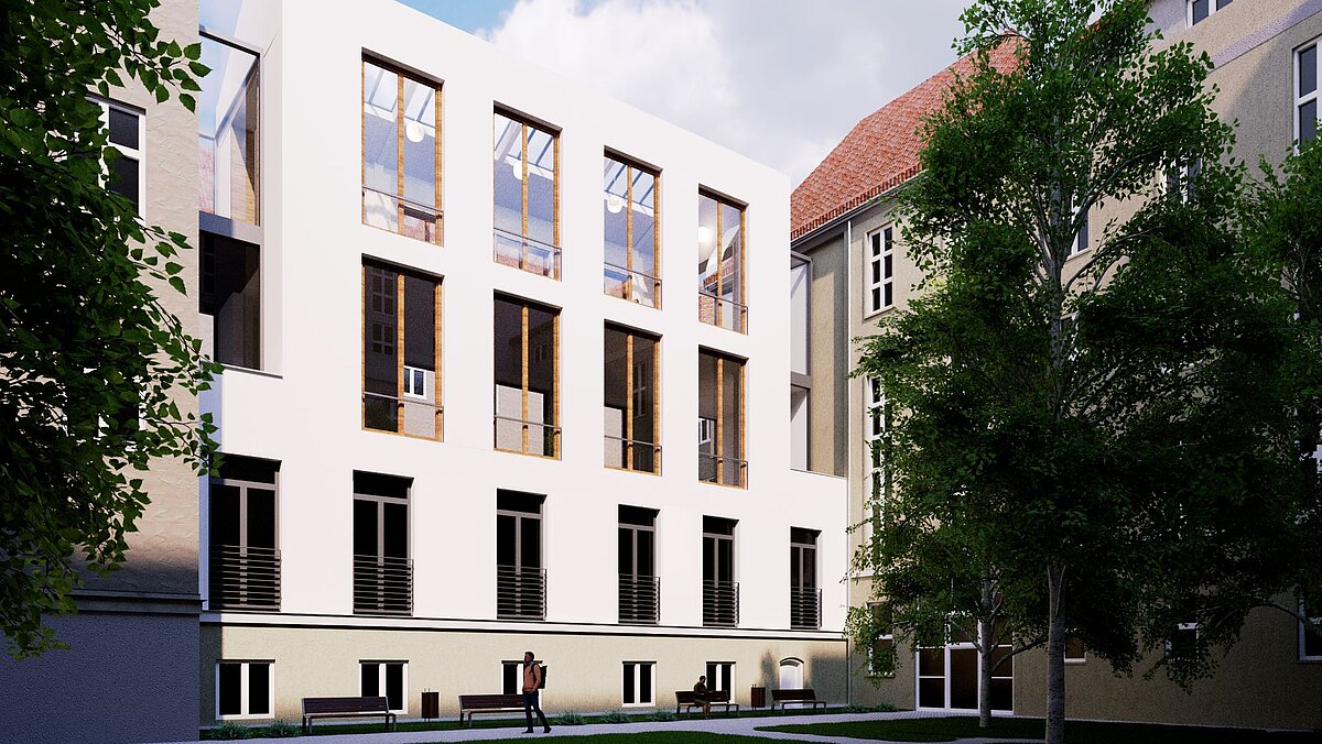 Architekturmodell: Blick von außen auf den geplanten Aufbau mit weißer Fassade und hohen schmalen Fenstern