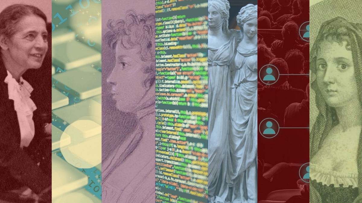 Kollage aus Bildern von Frauen aus der Geschichte mit Bildern von Datenverarbeitung