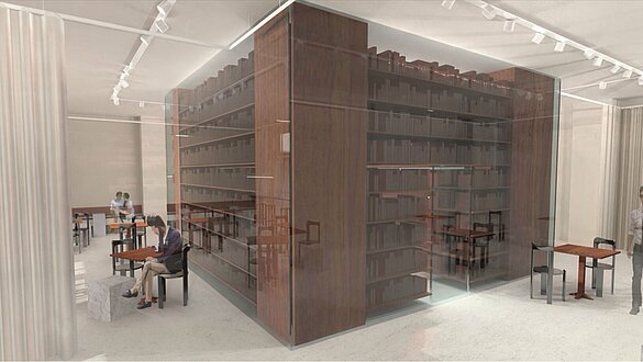 3-D-Modell einer Bücherecke in dunklem Holz mit passender Sitzgelegenheit