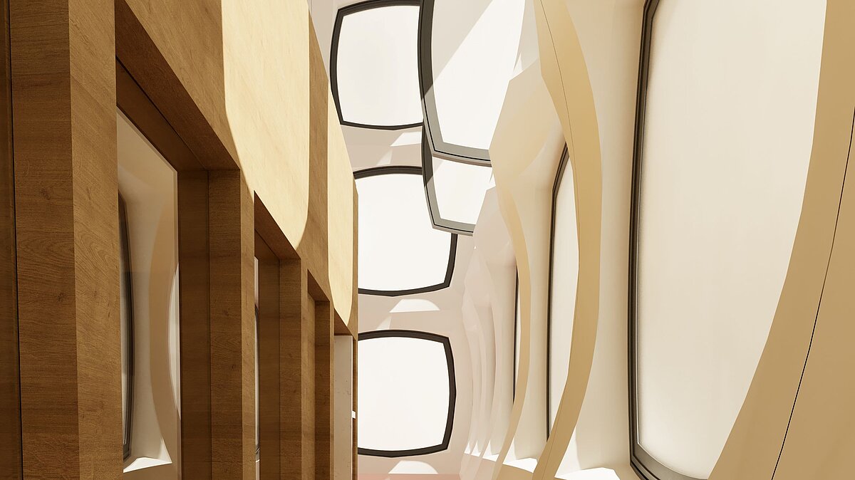 Architekturmodell des geplanten Aufbaus: Frontal und rechts Blick auf beige Wände mit quadratischen Fenstern über- und nebeneinander, links eine Schrankwand