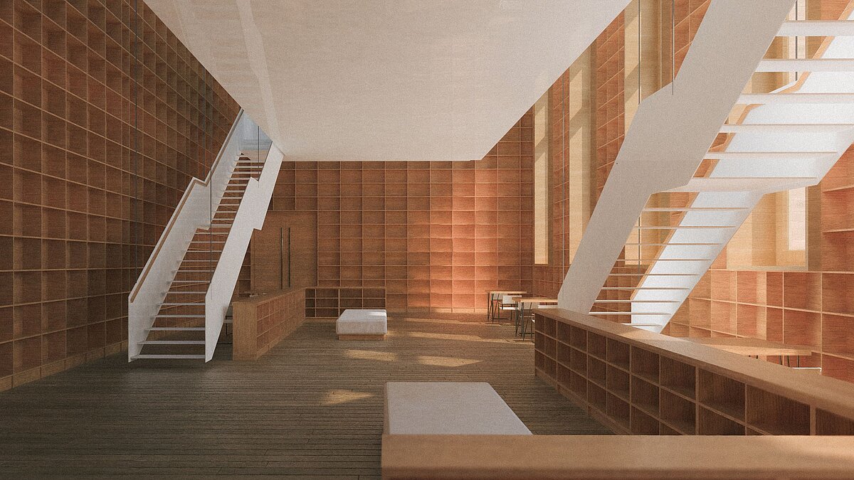 Architekturzeichnung: Holzgetäfelte Wände und weiße schwebende Treppen im Innenraum der Wissenschaftslounge