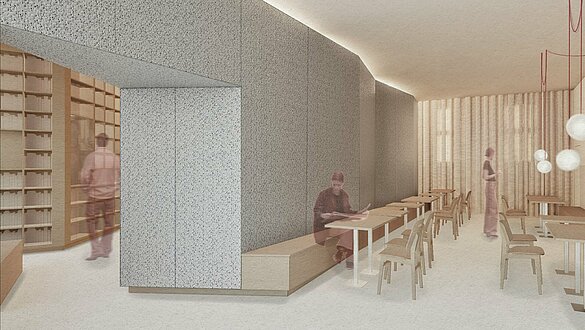 3D-Modell eines hellen Raumes, der von einer Wand separiert wird