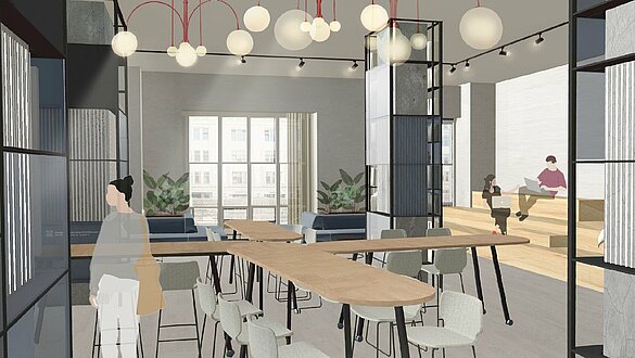 3D-Modell eines hellen Raums in Anmutung eines modernen Coworking-Spaces