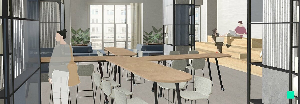 3D-Modell eines hellen Raums in Anmutung eines modernen Coworking-Spaces