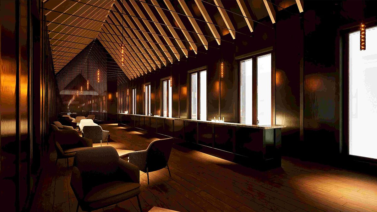 Architekturmodell: Eine dunkle holgetäfelte Lounge mit schmalen Oberlichtern und länglichen doppelten Fenstern zur rechten Seite, dunkle Sessel sind im Innenraum zu erkennen