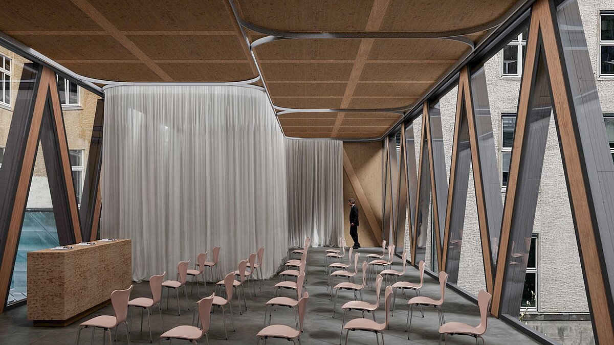 Architekturmodell der geplanten Wissenschaftslounge: recht und links werden die gläsernen Wände mit hölzernen Zickzackrahmen begrenzt, in der Mitte sind Stühle zu einem Rednerpodium ausgerichtet und ein weißer Vorhang grenzt den Raum nach hinten hin ab