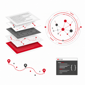 Abstrakte Darstellung digitaler Editionen: übereinanderliegende Dokumentseiten, ein Wissensgraph, eine Reiseroute und ein Codefenster in Rot und Grau auf weißem Hintergrund.