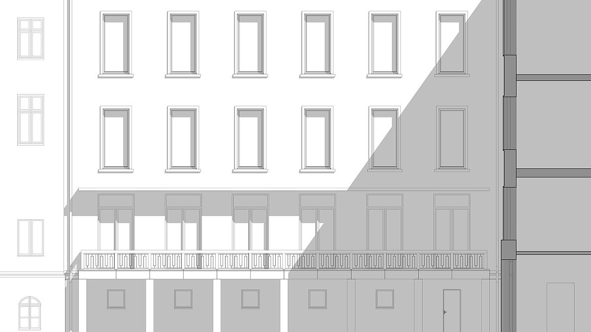 Bleistiftzeichnung. Blick von außen auf den geplanten Aufbau