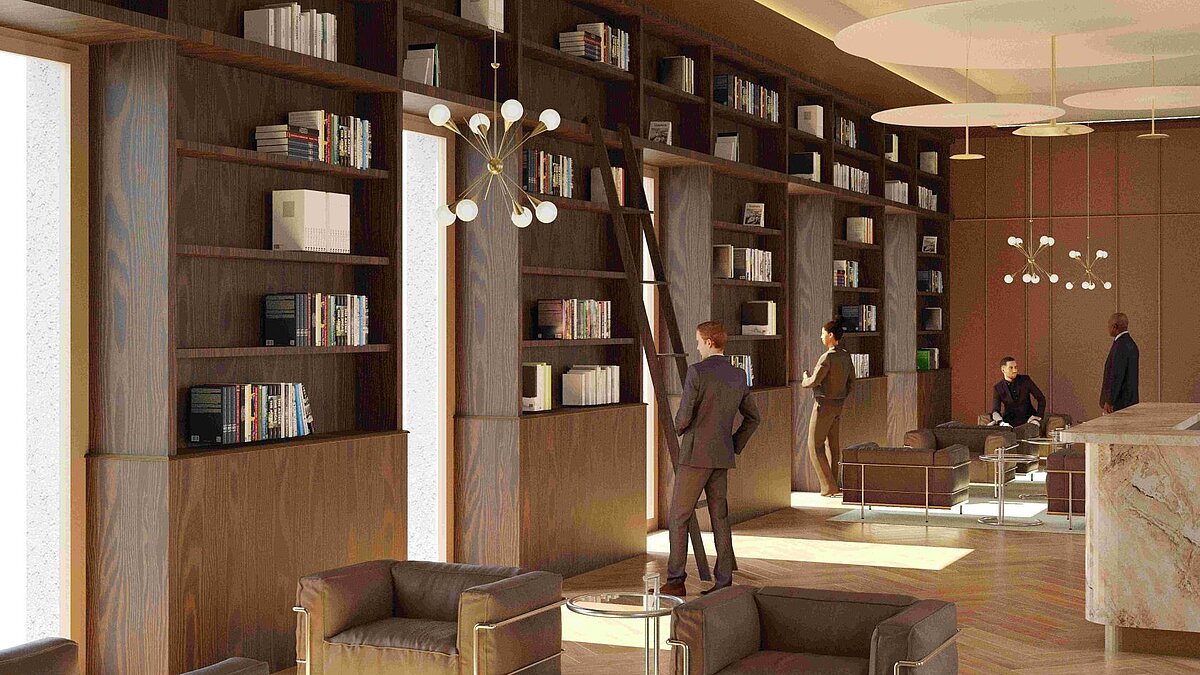 Architekturmodell: dunkle Sofas und holzgetäfelte Wände mit Bücherregalen vom Boden bis zur Decke