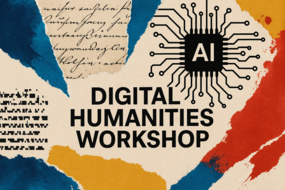 KI generiertes Bild zur Visualierung des Workshops, Prompt: Minimalistisches Bild: Collage aus Manuskriptfragmenten, Pixeltext, Schaltkreisen und Farbspritzern