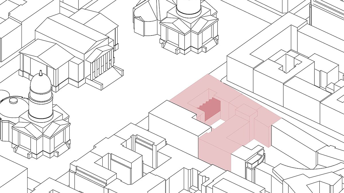 Zeichnung des rot markierten Akademiegebäudes in einem 3D-Straßenzug am Gendarmenmarkt