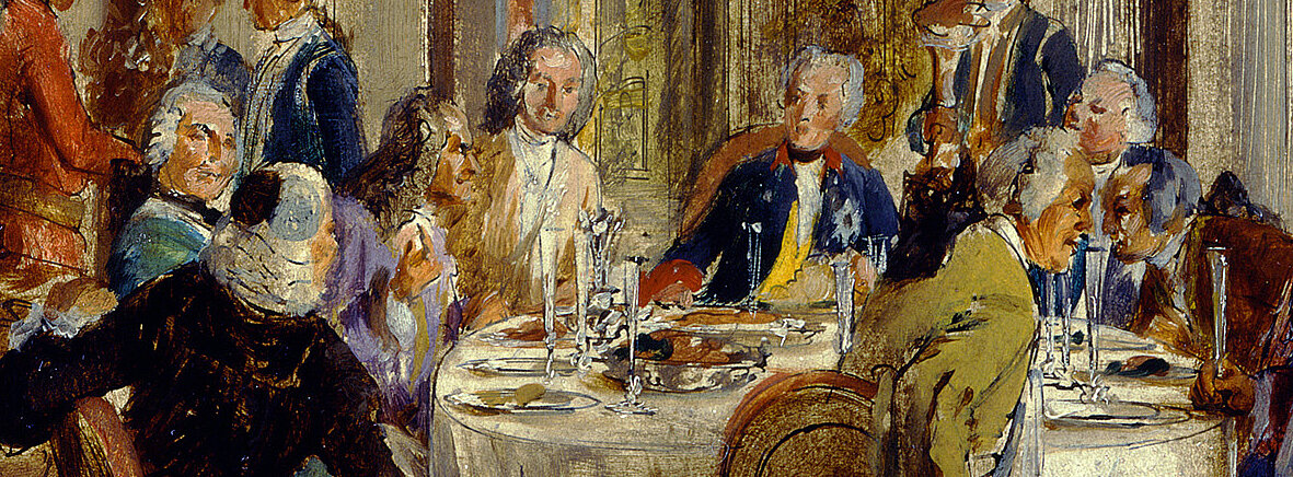 Ein historisches Gemälde zeigt eine prunkvolle Gesellschaft in einem reich verzierten Speisesaal. Mehrere vornehm gekleidete Personen sitzen um einen gedeckten Tisch, an dem Speisen und Getränke serviert werden. Das Gemälde ist in impressionistischem Stil mit dynamischen Pinselstrichen gestaltet und fängt das gesellschaftliche Leben einer vergangenen Epoche ein.