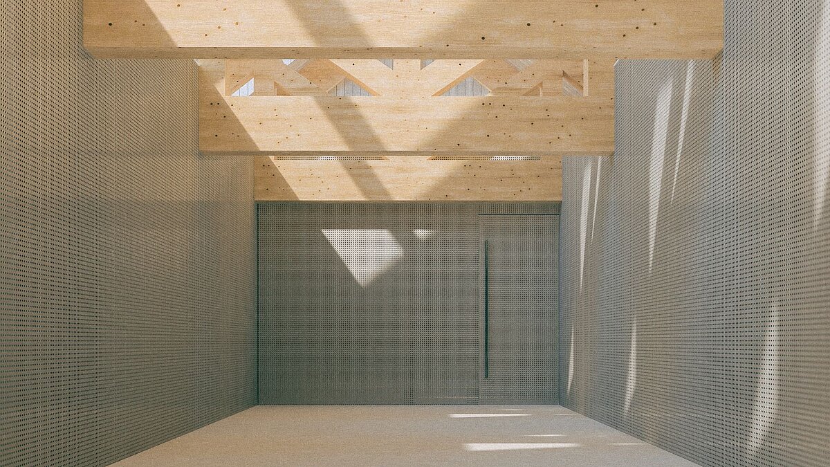 Architekturzeichnung: Helle Holzbalken mit Oberlicht im Innenraum der Wissenschaftslounge