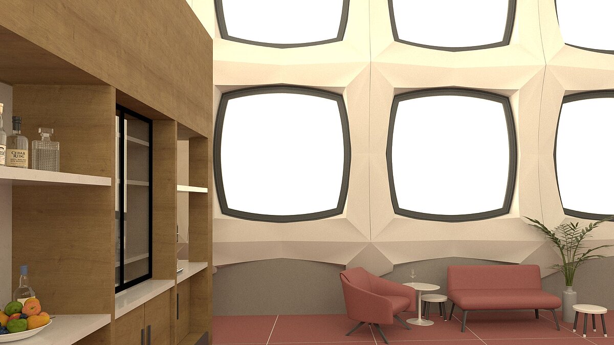 Architekturmodell des geplanten Aufbaus: Frontal Blick auf beige Wände mit quadratischen Fenstern über- und nebeneinander, davor rotbraune Sessel, links eine Schrankwand