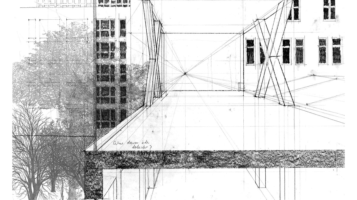 Bleistiftskizze des Querschnitts der geplanten Wissenschaftslounge mit X-förmigen Fensterkreuzen