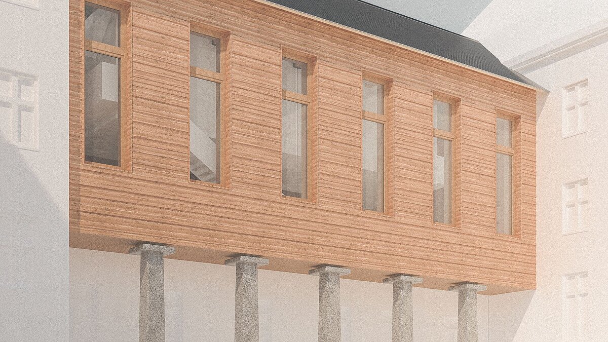 Architekturzeichnung: Holzgetäfelte Wände auf weißem Aufbau in der Außensicht auf die Wissenschaftslounge