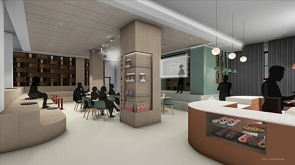 3-D-Modell einer Lounge in Beigetönen