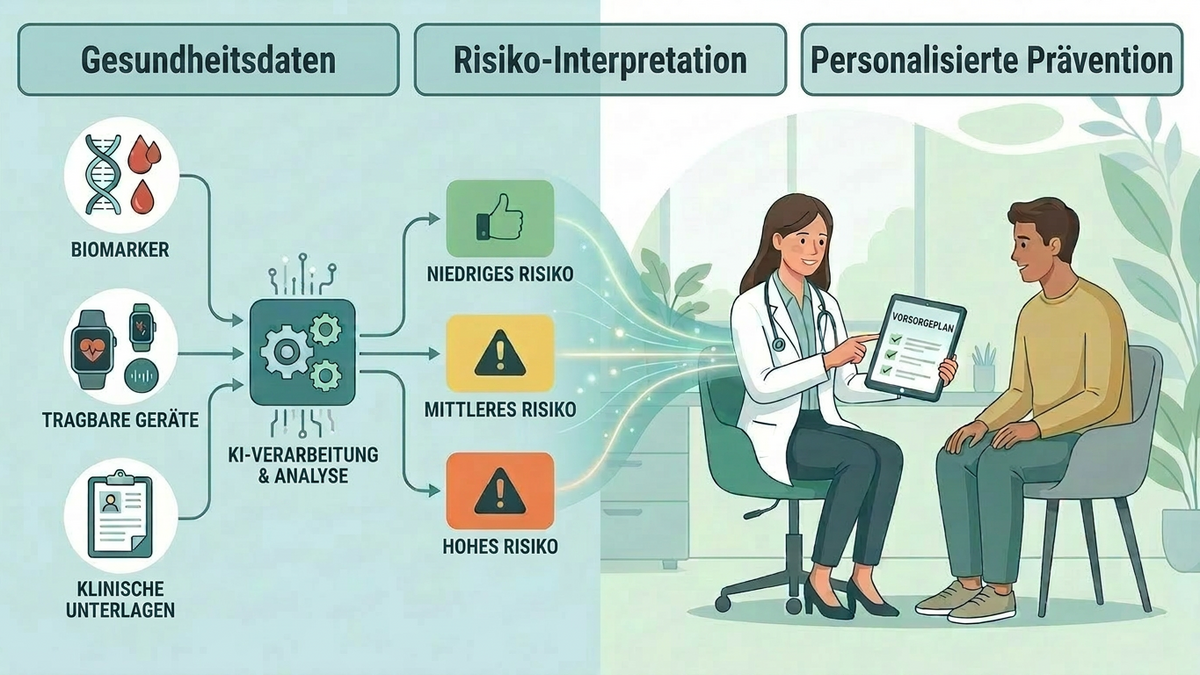 Diagram, das die Verarbeitung von Gesundheitsdaten für eine Personalisierte Prävention zeigt. Die Information von Biomarkern, Tragbaren Geräten und Klinischen Unterlagen wird verarbeitet und analysiert durch KI und in "niedriges Risiko, mittleres Risiko und hohes Risiko" eingestuft. Darauf wird von einer Ärztin ein Vorsorgeplan erstellt.