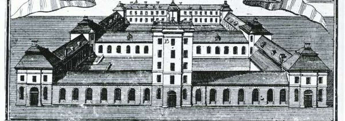Zeichnung des einstöckigen Akademiegebäudes in der historischen Straße Unter den Linden mit dem Turm der Sternwarte