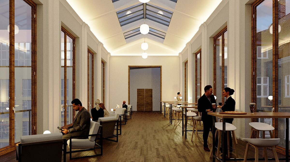 Architekturmodell: Dunkles Parkett auf dem Fußboden, spitze Oberlichter, links und rechts vom Gang Sitzgelegenheiten